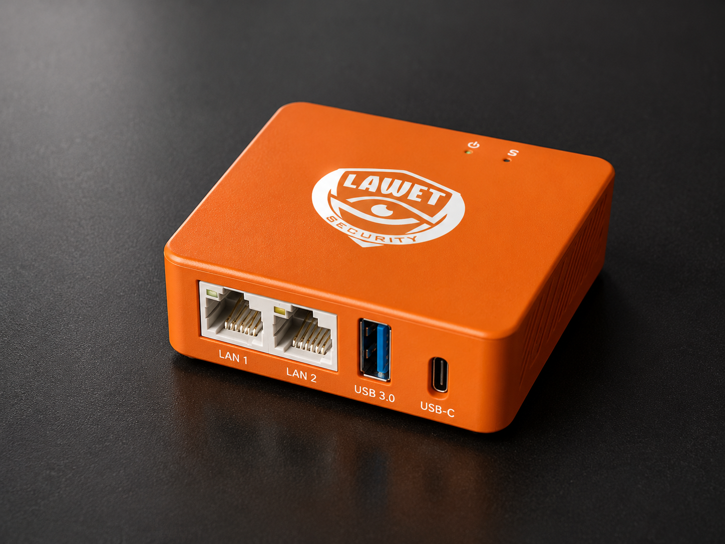 LAWAPU SD-WAN Node — kompakt orange edge-enhet med LAWET-logo